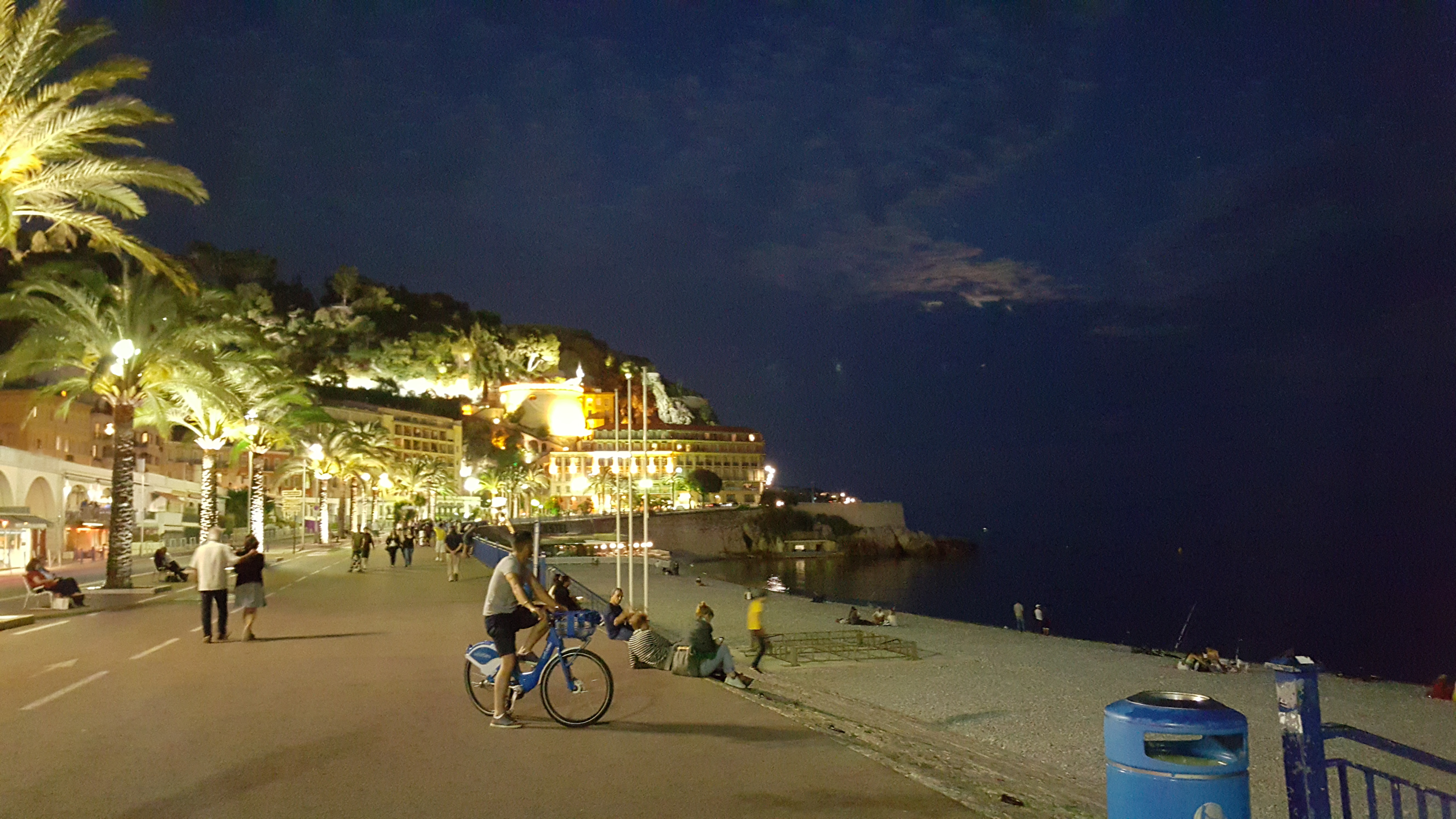 Beachfront in Nice, France at night