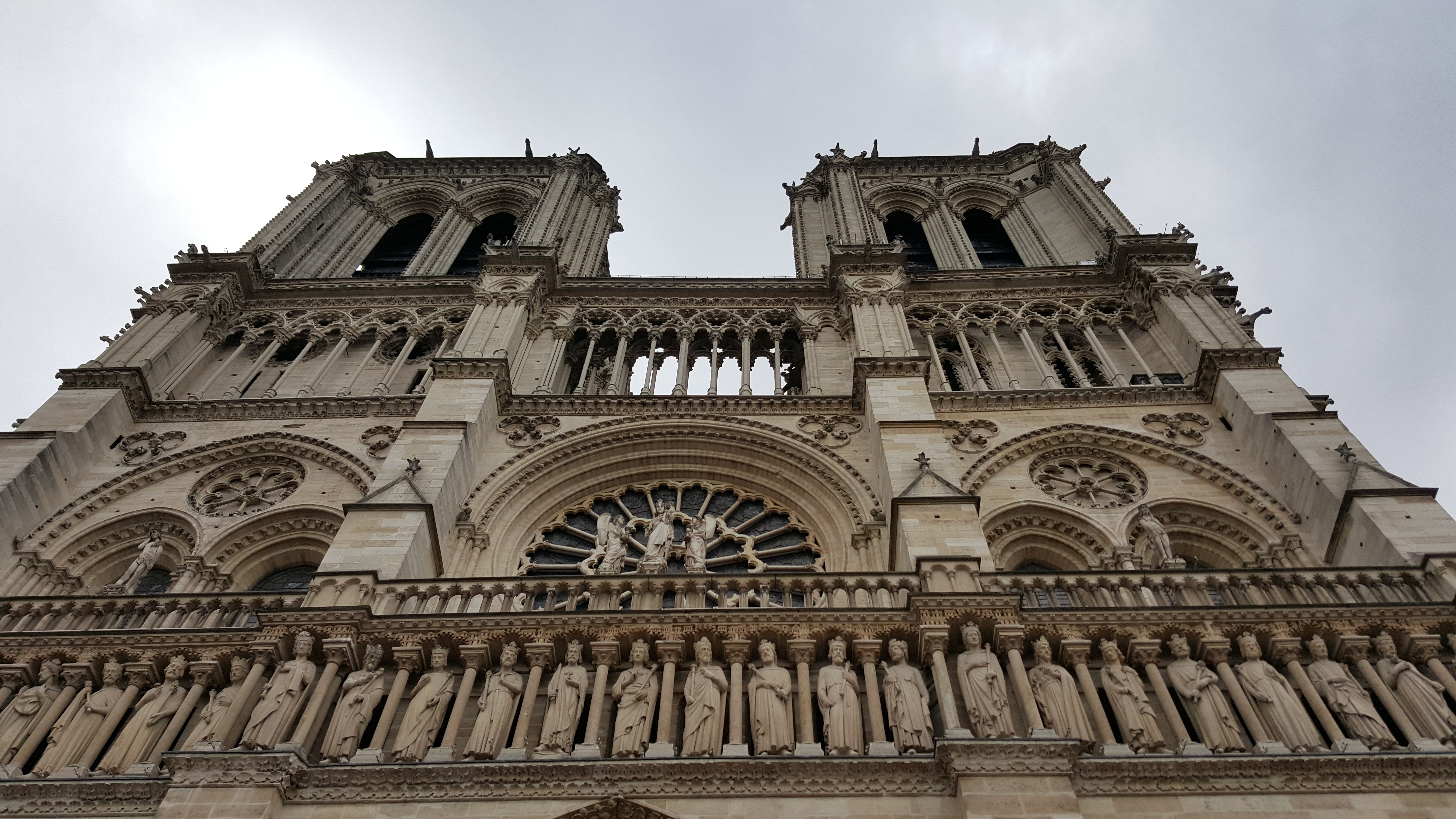 Close-up of Gothic architectural details on Notre-Dame Cathedral